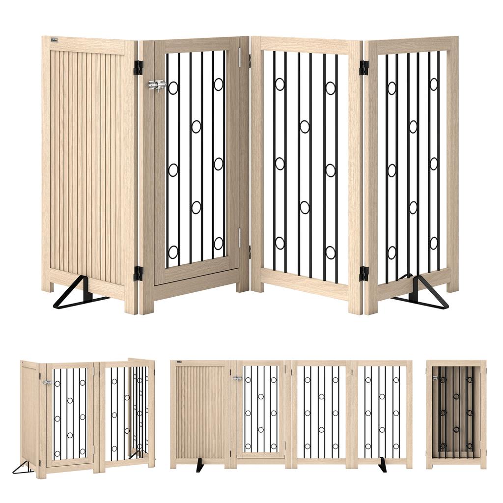 4 Panel Freestanding Pet Gate, Indoor Dog Barrier with Lockable Door, Support Feet, 360 Degrees Flexible Hinges, Oak