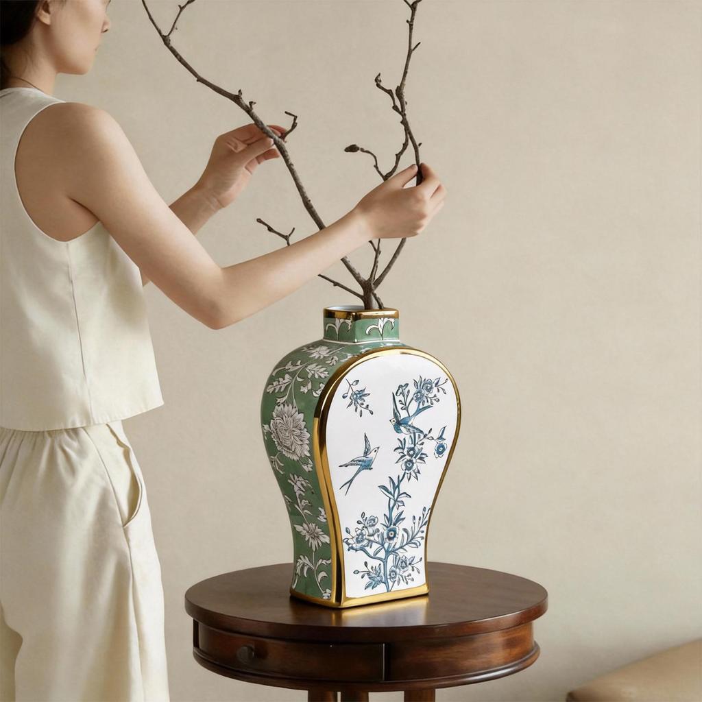 Gilded Blue and White Porcelain Flower Vase - Home Decor Ornament