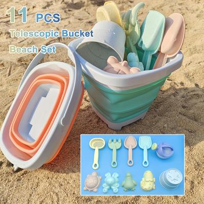 Giocattoli da spiaggia per bambini Set di giocattoli di sabbia per i più piccoli Giocattoli di sabbia con secchio pieghevole Pala Rastrello Set Stampi per sabbia Estate all'aperto