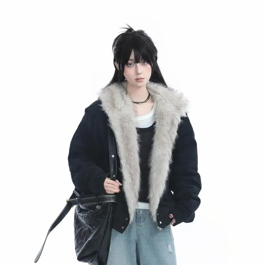 Winter Retro Fur Collar Women Padded Hooded Cotton-Padded Jacket Plush Casual Street Gothic Harajuku Oversize Coat