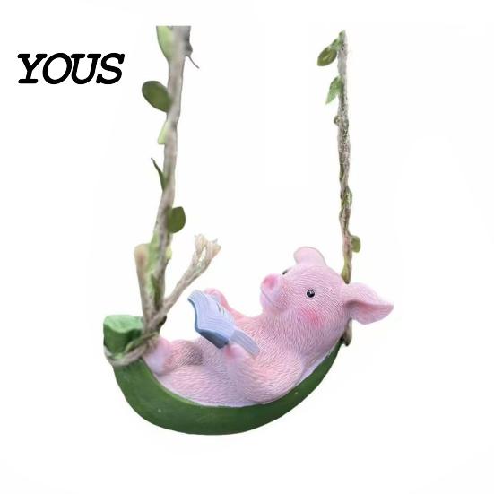Hanging Book Reading Pig Resin Figurine, Cute Piggy Lying in Hammock Sun-resistant Decor Ornament, Waterproof Animal Sculpture for Indoor Outdoor