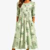 Spring and Summer 2026 New Round Neck 7-point Sleeve Casual Loose Long Printed Dress - Bamboo Hemp