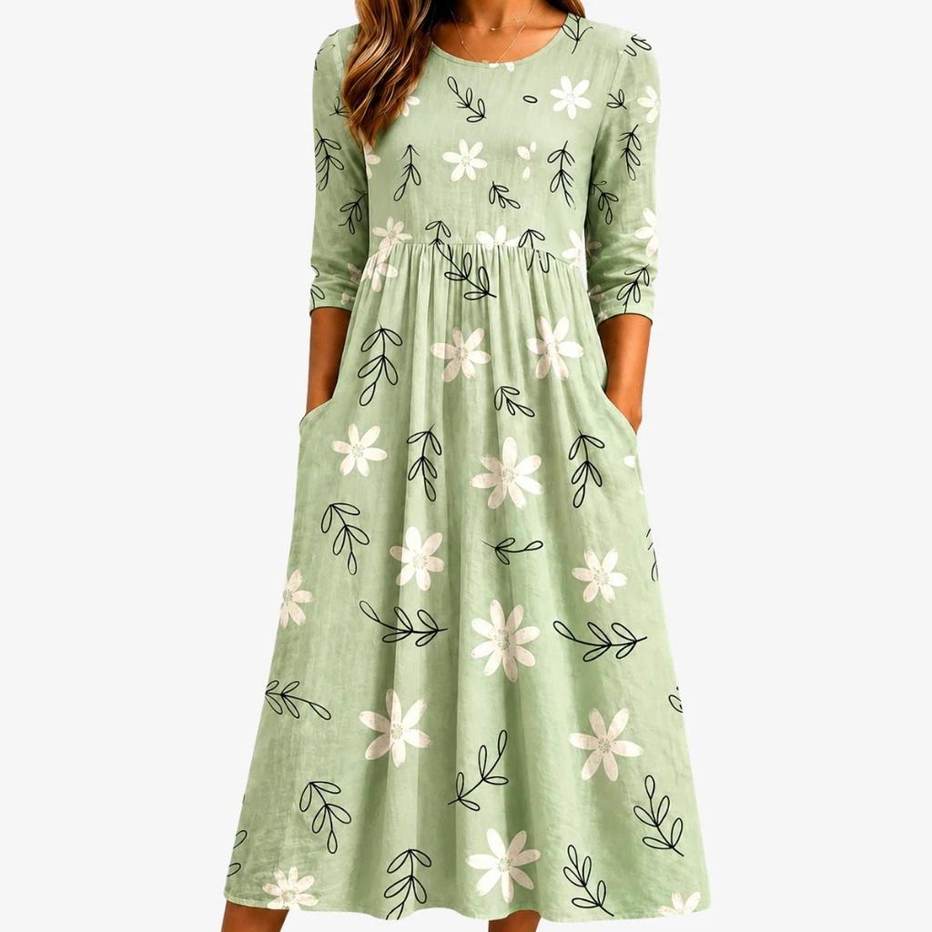 Spring and Summer 2026 New Round Neck 7-point Sleeve Casual Loose Long Printed Dress - Bamboo Hemp