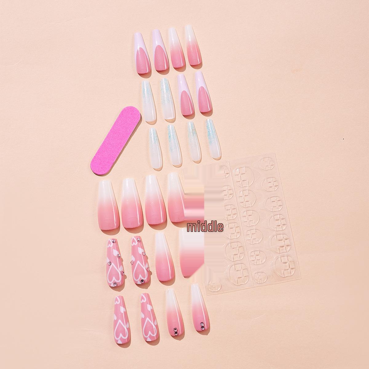 

Ready-to-Wear Trapezoid French Manicure Nail Tips with Heart Rhinestone Stickers