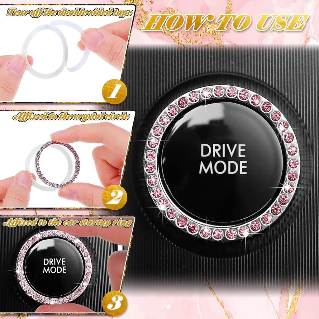 Tallew 8 Pcs Pink Cute Car Accessories Set Includes Steering Wheel Cover 2 Seat Belt Shoulder Pad Auto Center Console Pad 2 Cup Holders 2 Bling Start