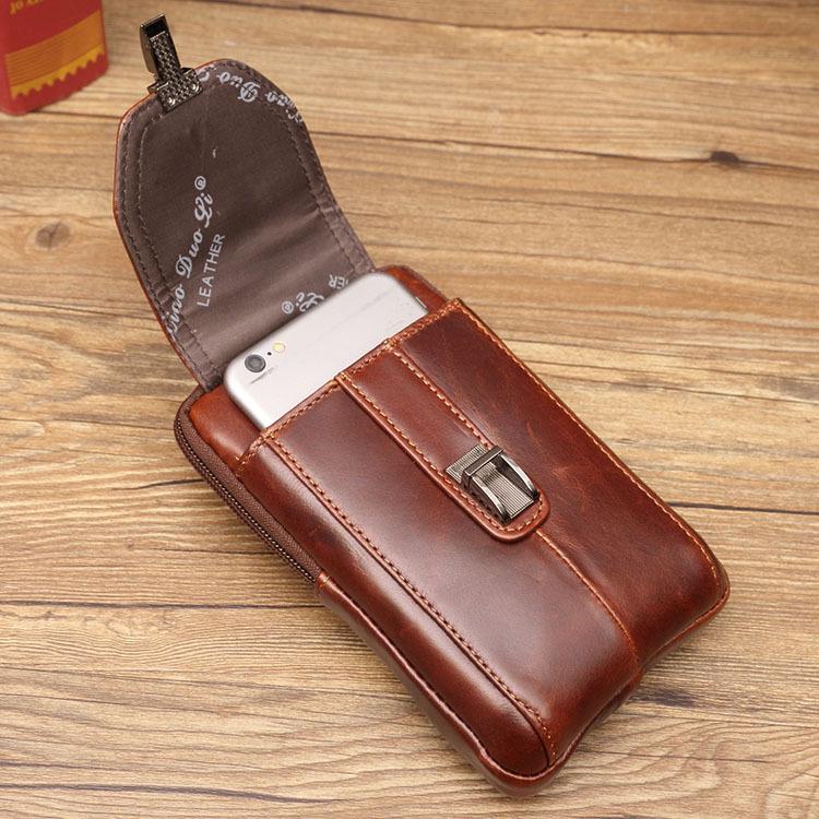 Xiaoduoli Men's Genuine Leather Mobile Phone Waist Bag - 5.5/6 Inch Cowhide Retro Mini Belt Bag