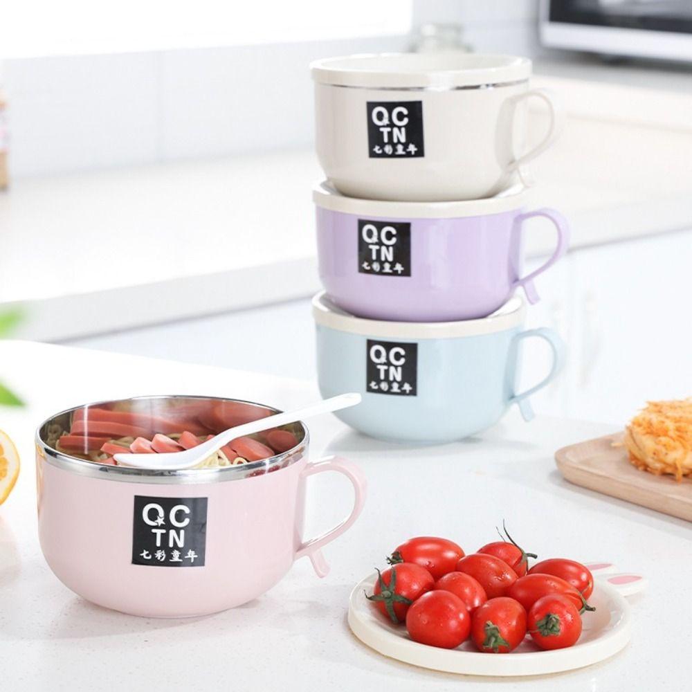 Kreslený japonský králík miska na instantní nudle Nerezová dvouvrstvá miska na rýži Miska na polévku Přenosné nádobí s víčkem Lžíce