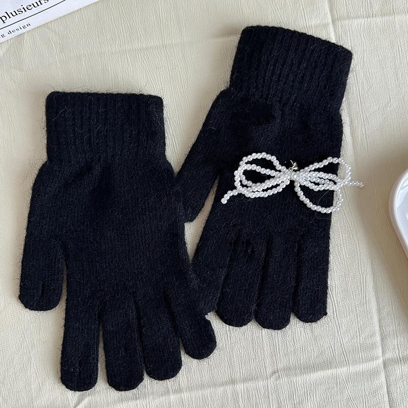 Luochi Korean Pearl Bow Knit Rabbit Fur Gloves for Winter Cycling Warmth чёрный