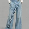 Women's Mid Rise Wide Leg Jeans Ruffle Trim Flare Jeans Vintage Elegant Casual Denim Trousers