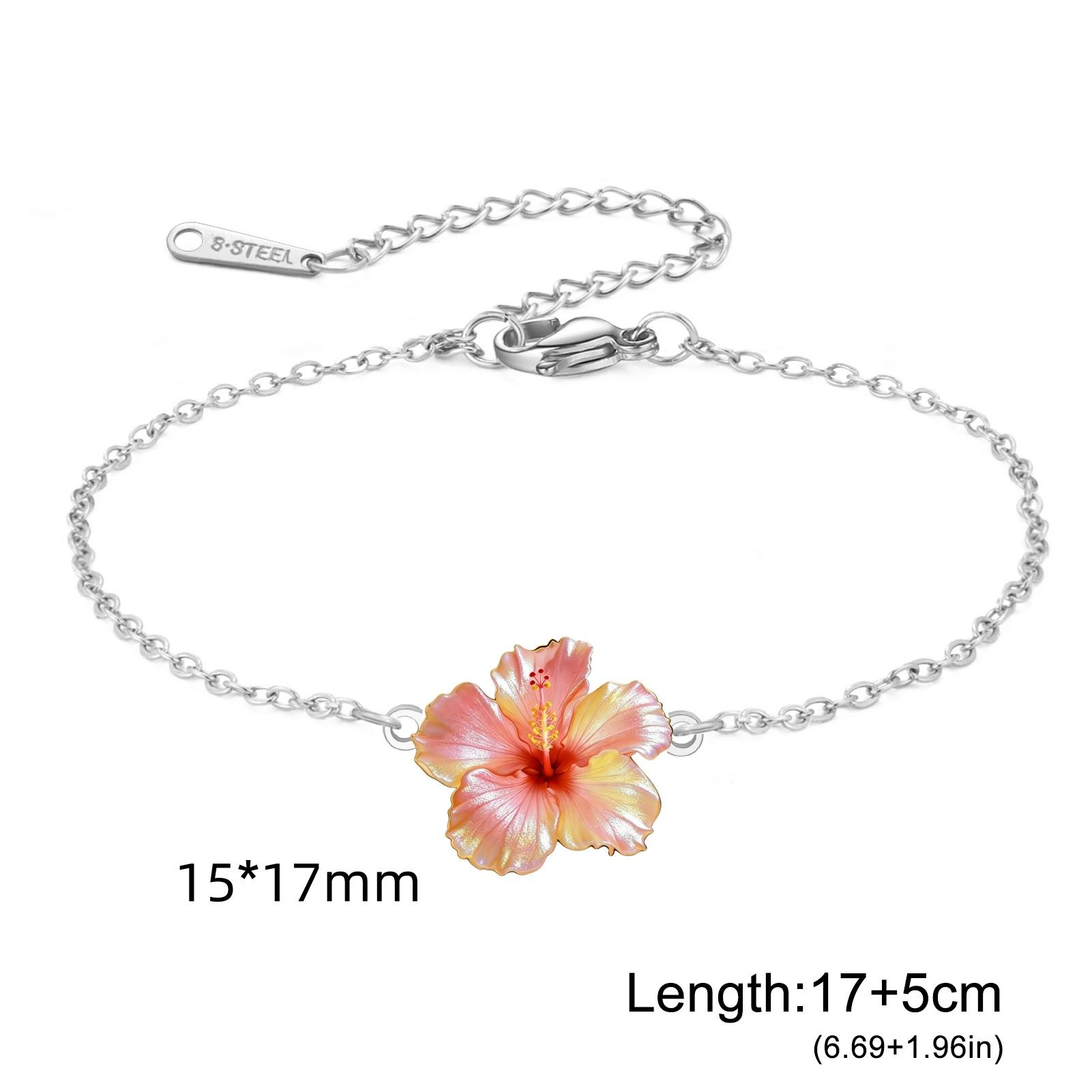 Gold Plated Pink Hibiscus Flower Bracelet Stainless Steel Red Hibiscus Flower Bracelet Jewelry for Women Birthday Gift 17cm