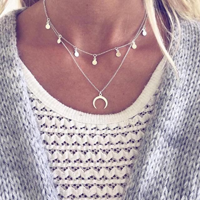 Vintage Multilayer Crystal Pendant Necklace Women Gold Color Beads Moon Star Horn Crescent Choker Necklaces Jewelry New