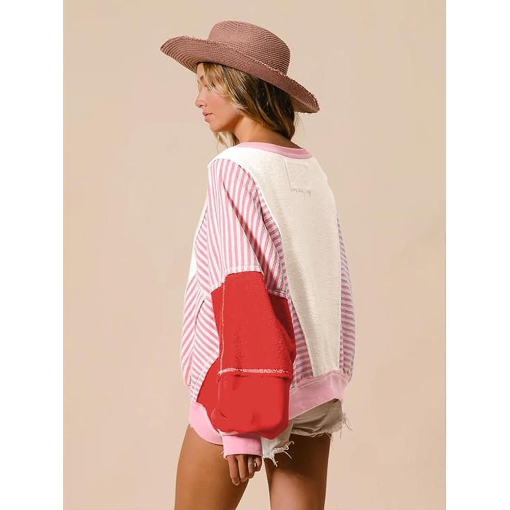 Women's Fleece Oversized Color Block Striped Sweatshirt Fall Vintage Warm Pacthwork Pullover with Pockets