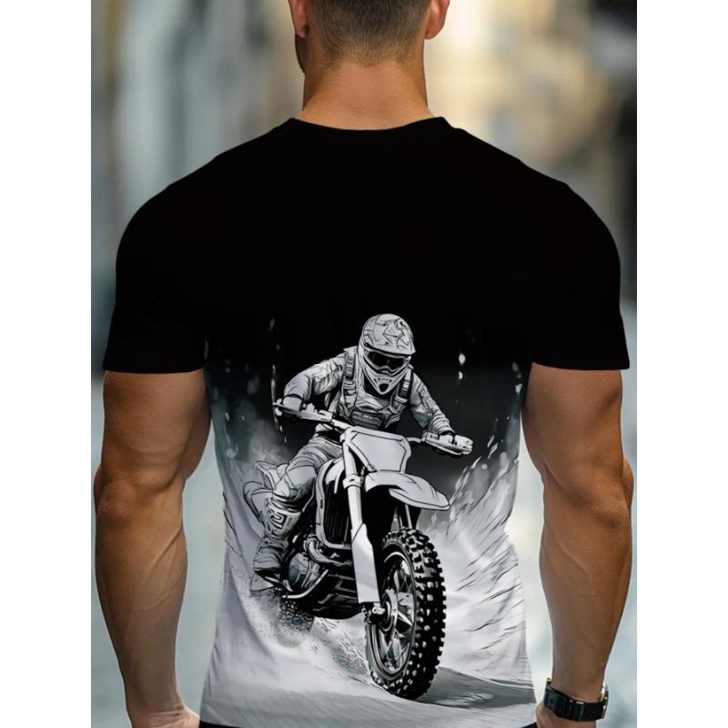 European sizes[Motorcycle Graphic T-Shirt] Durable Fabric Men's Casual Motorcycle Graphic T-Shirt | Black & White Print, Short Sleeve