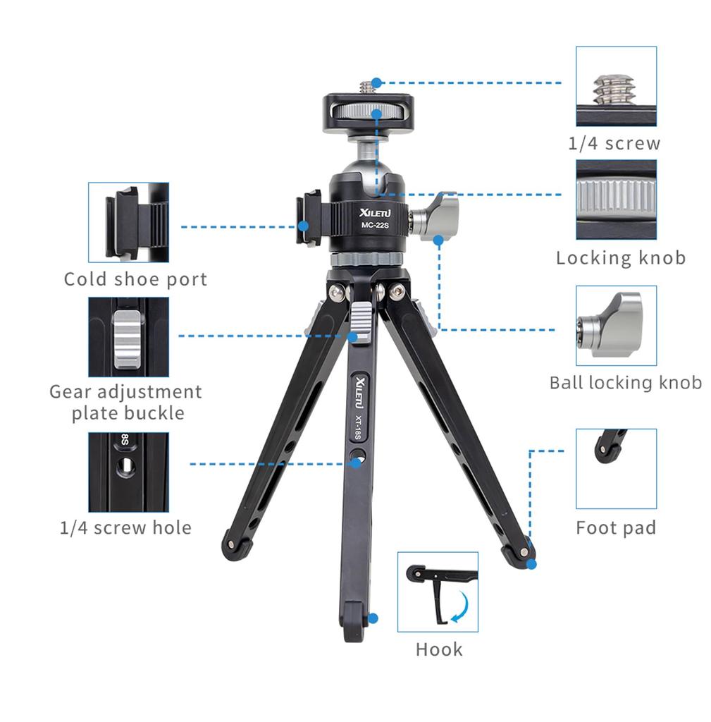 XILETU Mini-Stativ, Metall-Smartphone-Stativ mit Cold Shoe Schwenkneiger, Kamerastativ, Desktop-Selfie-Stativ (XT18SMC22S)