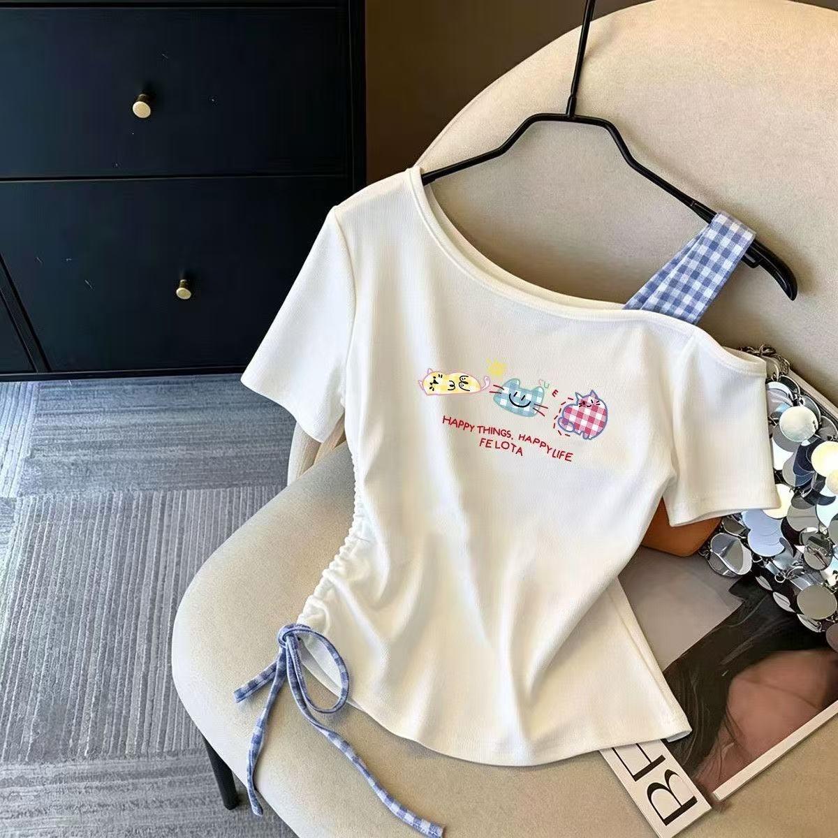 Girls Summer Off Shoulder Short Sleeve T Shirt with Drawstring Waist and Cartoon Print 120 белый