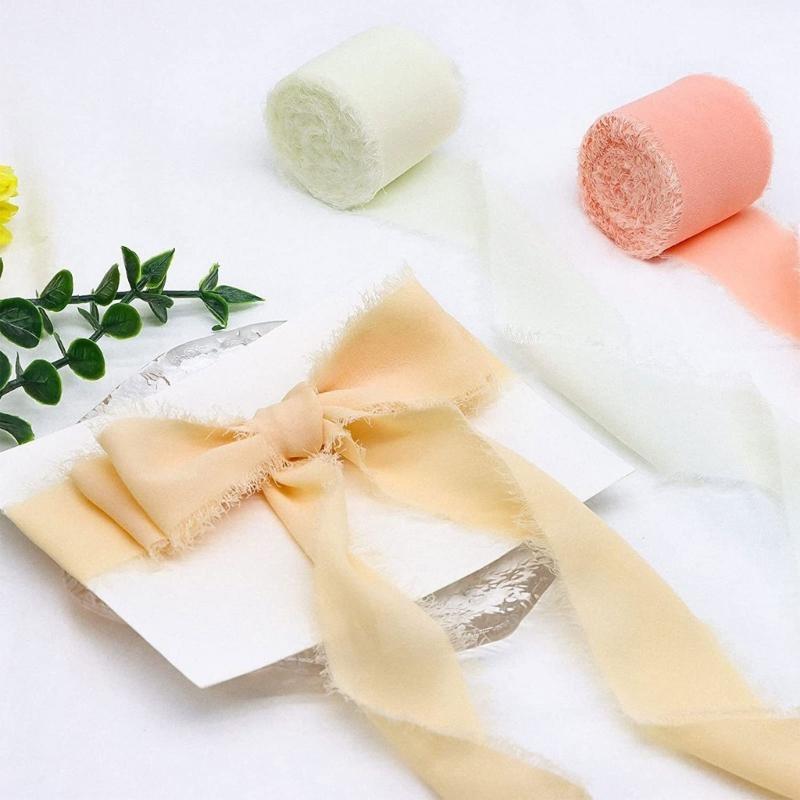 Ribbon for Wedding Invitation Bridal Bouquets Decor Gift Wrap, 1.57InX5.46Yd Handmade Fringe Silk Ribbon