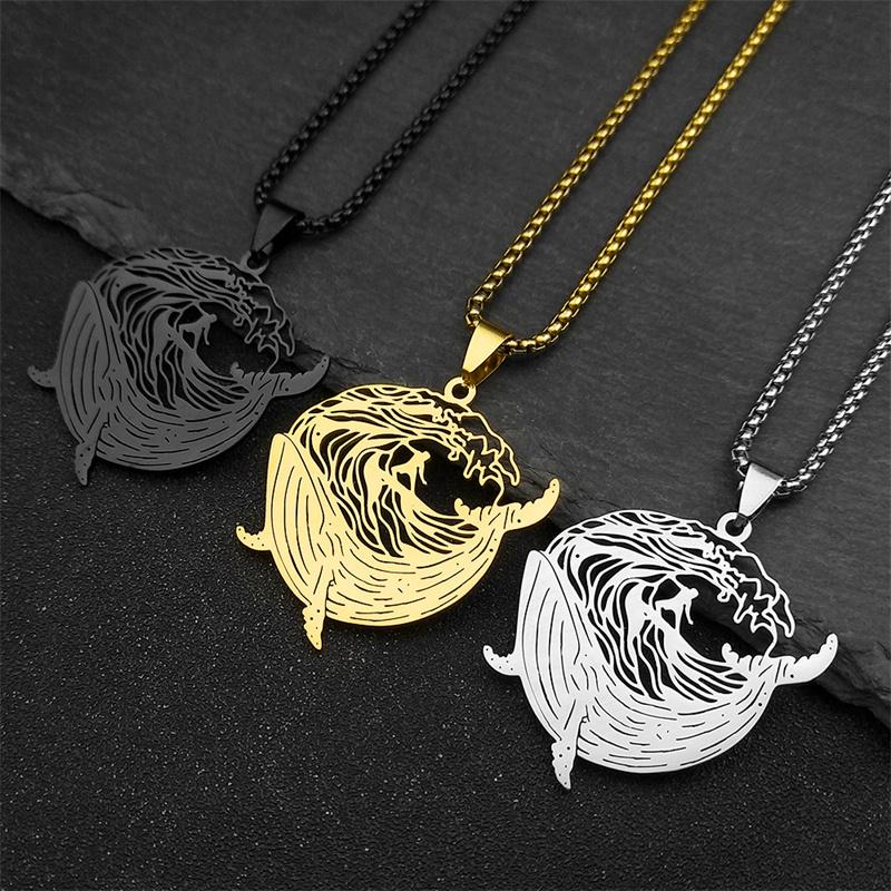 Whale Surf Riding Necklace For Women Men Stainless Steel Gold Color Sports Brave Faith Male Chain Jewelry Gifts Colares