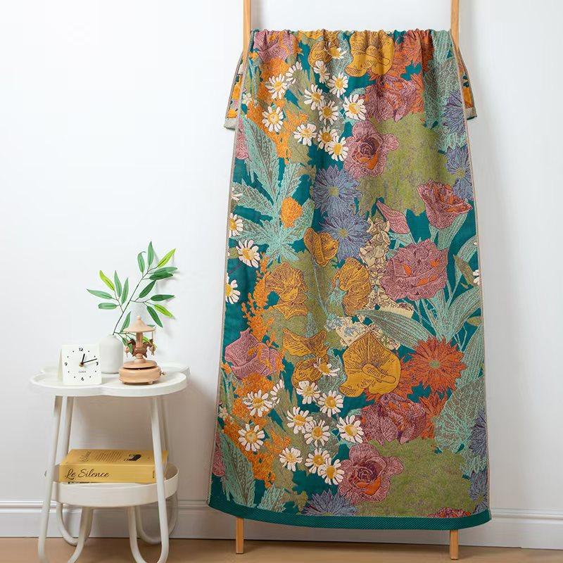 75 X 150 cm Blommiga Bomulls Badlakan, Jacquardmönster Andningsbara Gasbinda Badlakan, Vattenabsorberande Snabbtorkande Stora Handdukar Boho