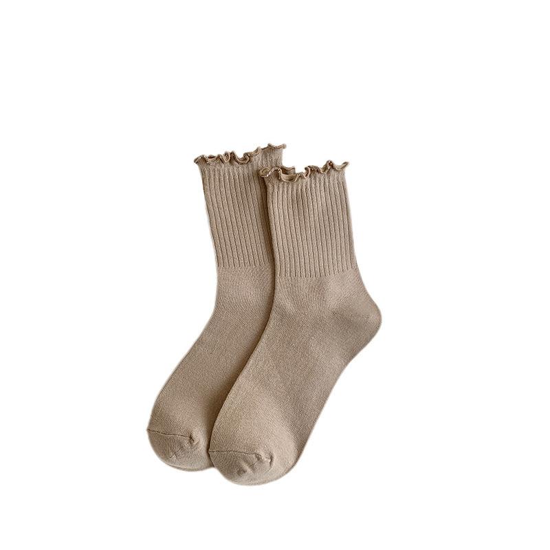 Autumn and Winter Socks for Women: Black Ear-trimmed Mid-calf Socks, Trendy and Versatile Lace Socks, Coffee-colored Pile Socks for Women