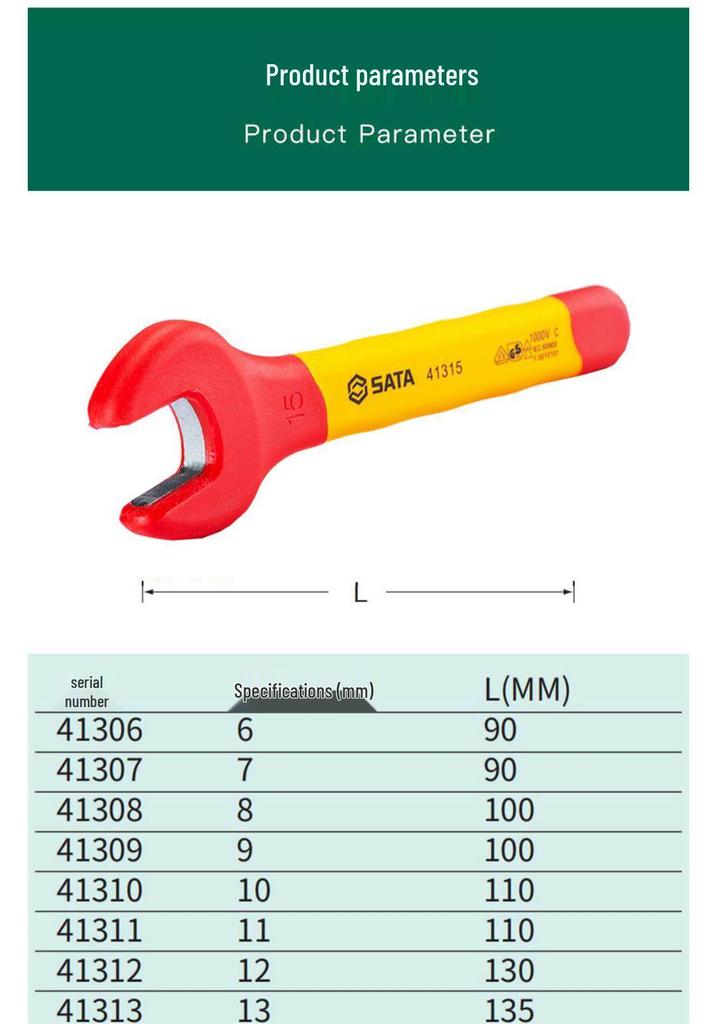 SATA VDE High Voltage Insulated Open-end Wrench for Electricians