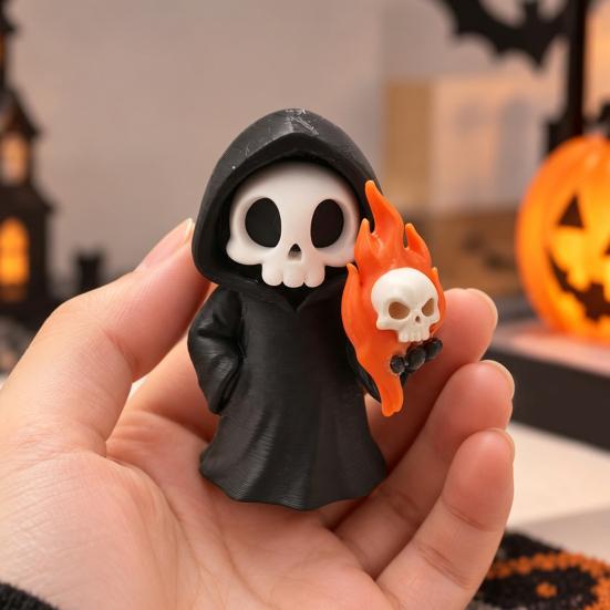 Decorative Figurine for Kids Cute Grim Reaper Halloween Figurine, 3D Printed Spooky Little Desk Decor Statue with Flame Skull, Desktop Ornament,