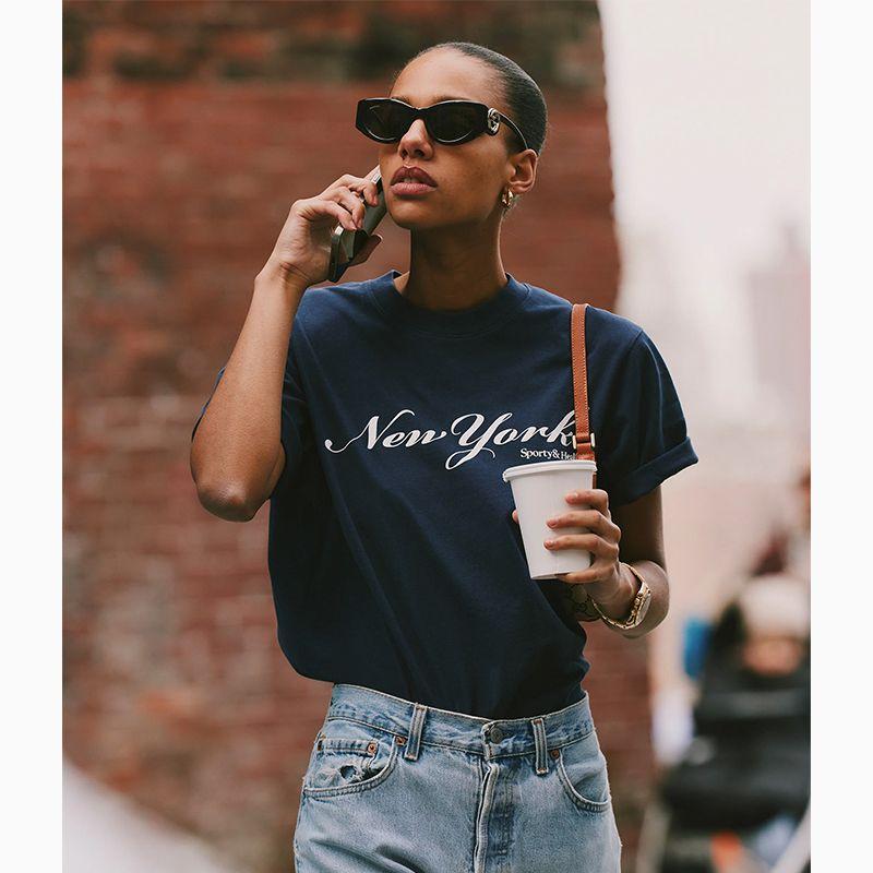 Retro American Tops NY Letter Print Pure Cotton Casual Sports Short Sleeve T-shirt for Women