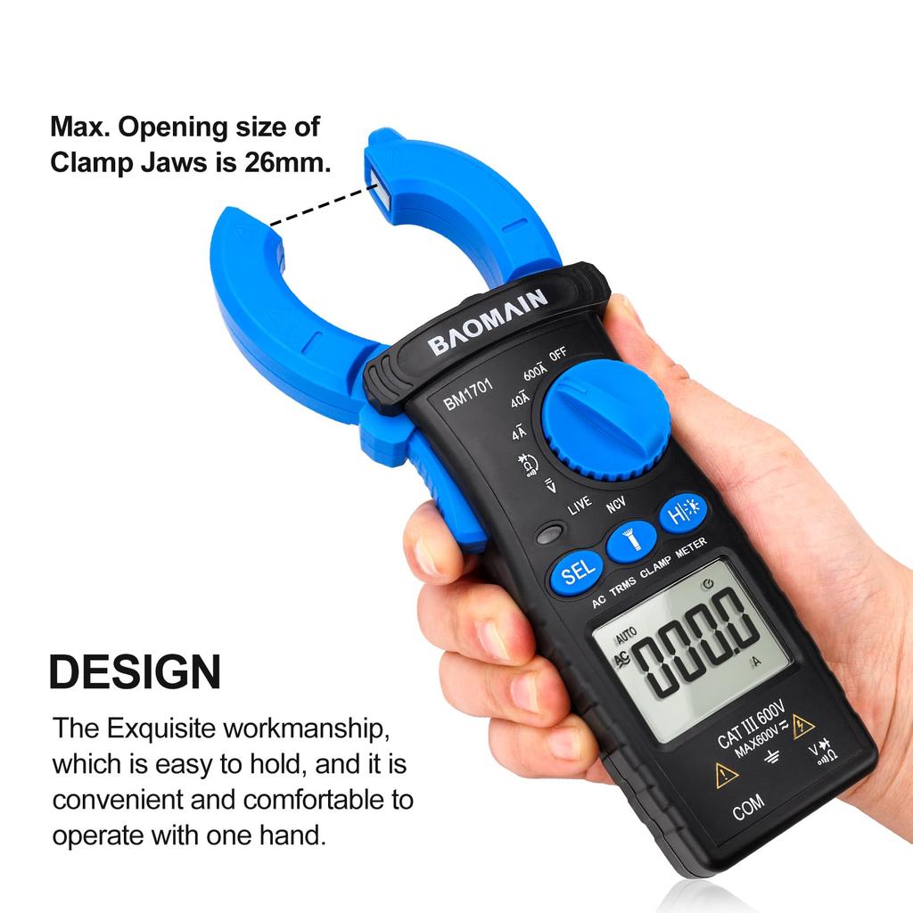 BAOMAIN - Digital Clamp Meter, 4000 Count Multimeter, Measures 4A/40A/600A AC Current, AC/DC Voltage, Resistance, Diode, Continuity, NCV, Wire Test, B