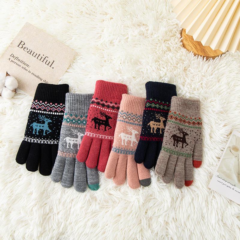 Knitted Touchscreen Gloves for Women Winter Warmth, Thickened with Fleece Lining Outdoor Cycling Jacquard Design Adorable Reindeer Pattern