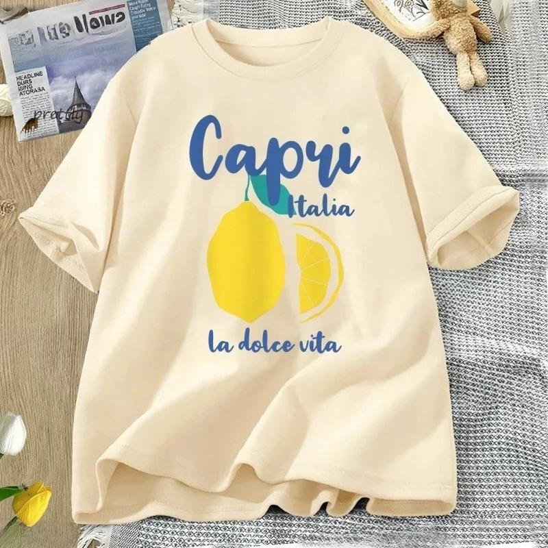 Capri Italy Lemon T Shirt La Dolce Vita Italian Girl T-Shirt Vintage Women Short Sleeve Lemon Clothes Streetwear Clothing