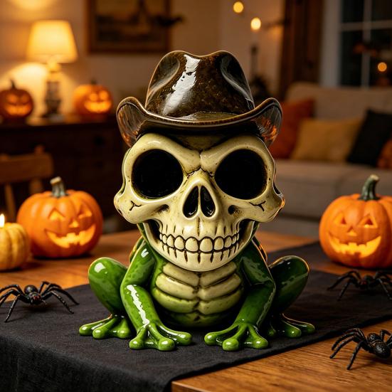 Halloween Skull Frog Figurine, Small Resin Frog Sculpture, Collectable Spooky Frog Ornament for Home Office Table Shelf Decor