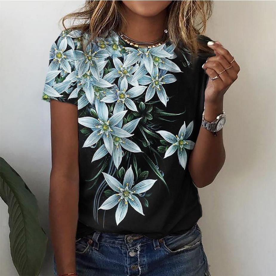 QUNHUI T Shirt For Women's Clothes Fashion Tops For Woman 3D Flower Print Female Short Sleeve Summer Women's T-shirt Plus Size Tees