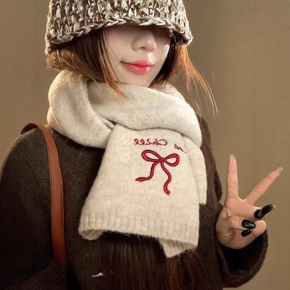 Scarf Women's New Autumn and Winter Japanese Cute Retro English Bow Warm Wool Knitted Scarf Tide