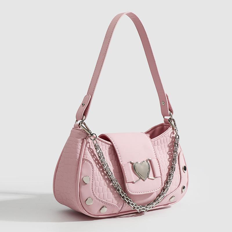 New Women's Heart Rivet Underarm Shoulder Bags Y2K Punk Pink Crossbody Bags Hottie PU Leather Fashion Cool Zip Handbags