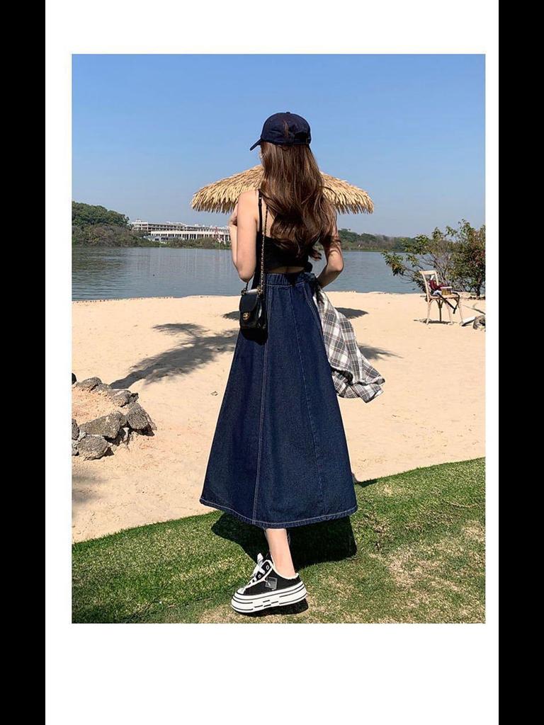 Plus Size Women's High-Waist A-Line Denim Skirt - Long, Slim, Fishtail Design for Summer and Autumn