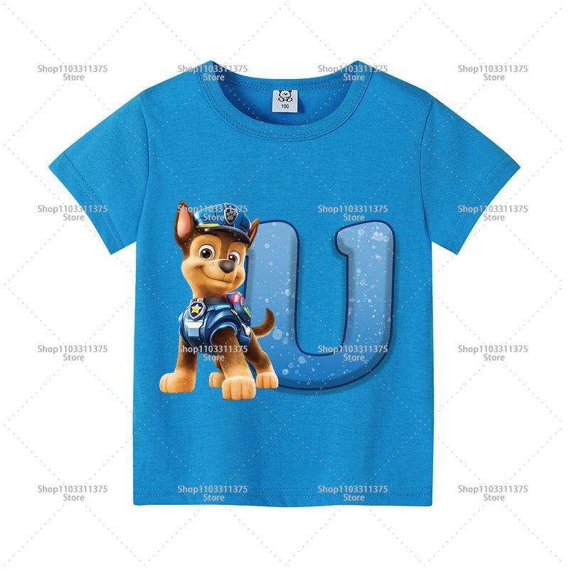 Cute PAW Patrol Blue T-shirt Boys Clothes Letter A-Z Printed Short Sleeve Cartoon Fashion Kids Birthday Toddler Cotton Tops Gift