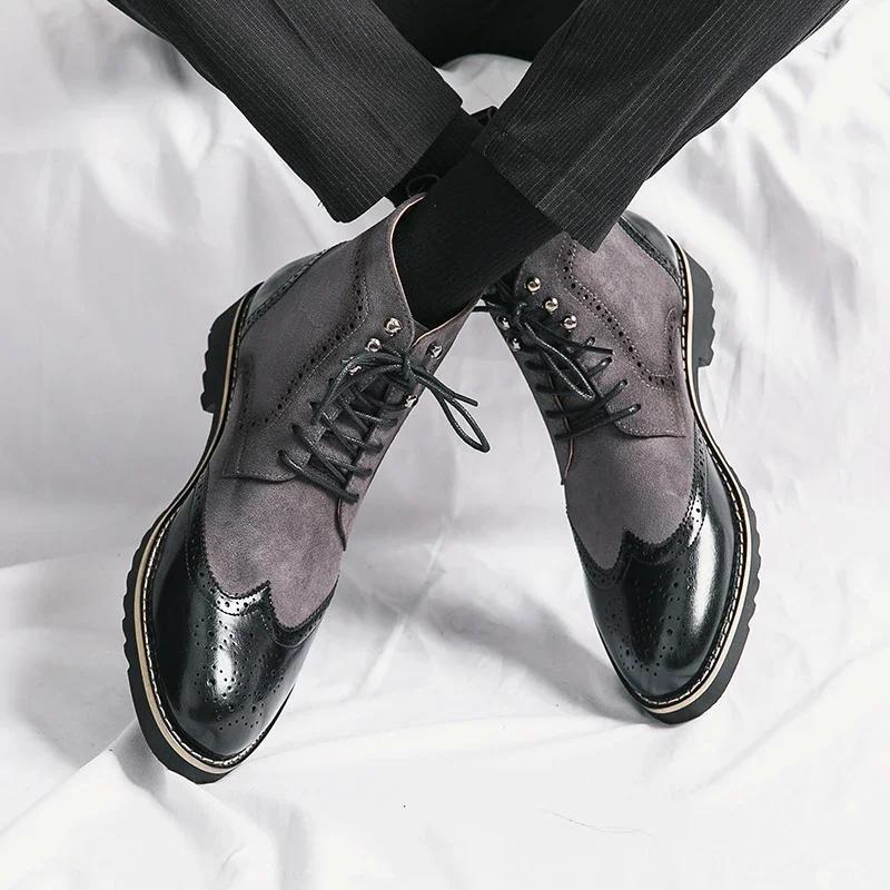 Fashion Patchwork Leather Boots For Man Suede And Split Leather Chelsea Boots Leisure Formal Oxfords Shoes For Winter