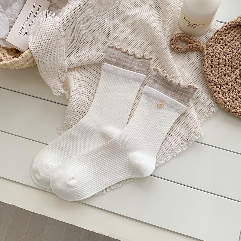 Ins-Style Double-Ribbed Plaid and Lace Mid-Calf Socks for Women - Korean Style, Perfect with Leather Shoes, Slouchy Fit