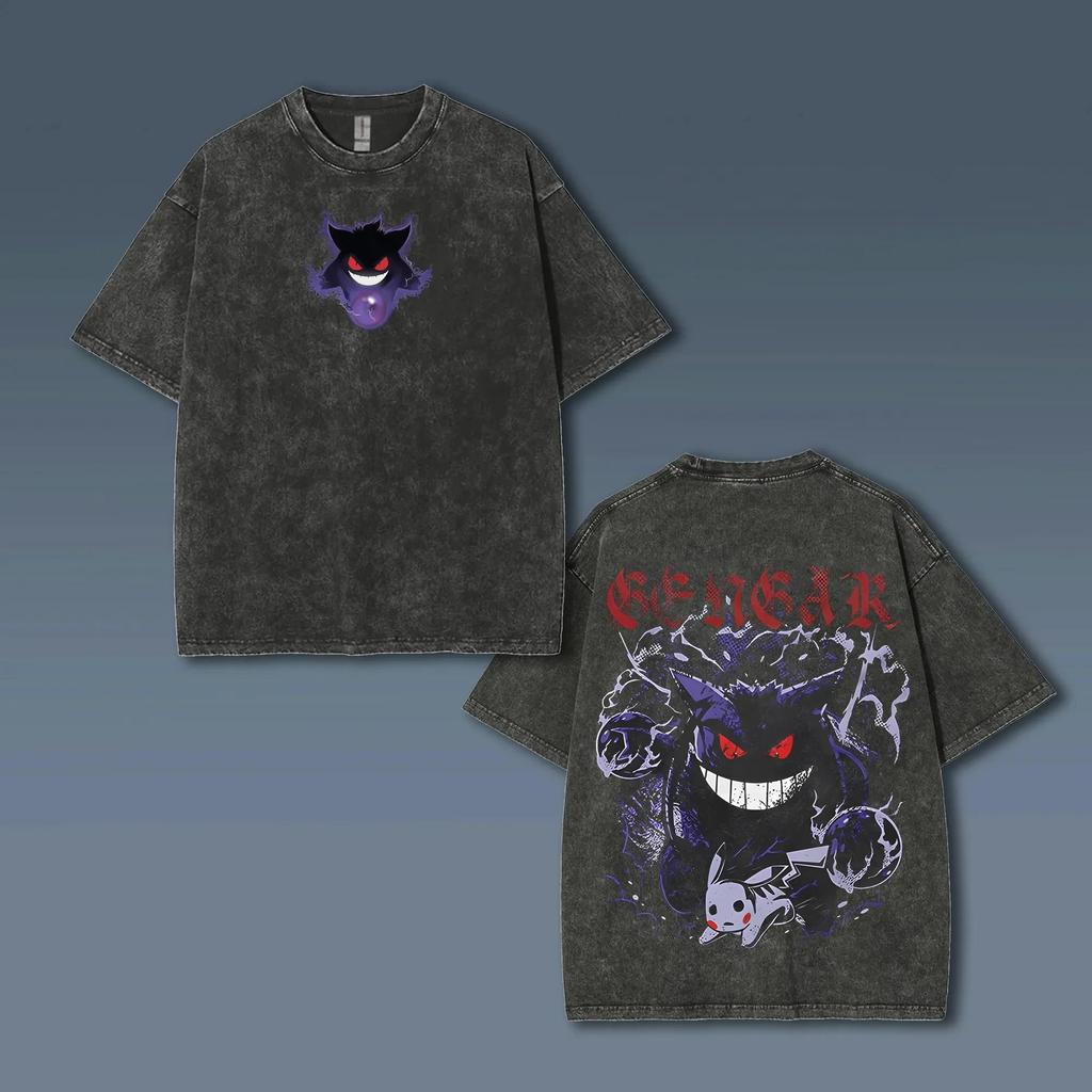 T-shirt Oversize Lavata Stampa Gengar Vintage Lavata a Maniche Corte da Uomo e Donna Moda Estiva 2026 Abbigliamento