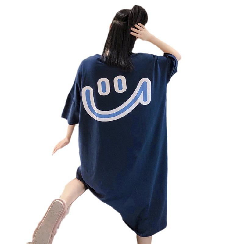 Korean Women's Loose Fit Smiley Face Mid-Length T-Shirt Dress