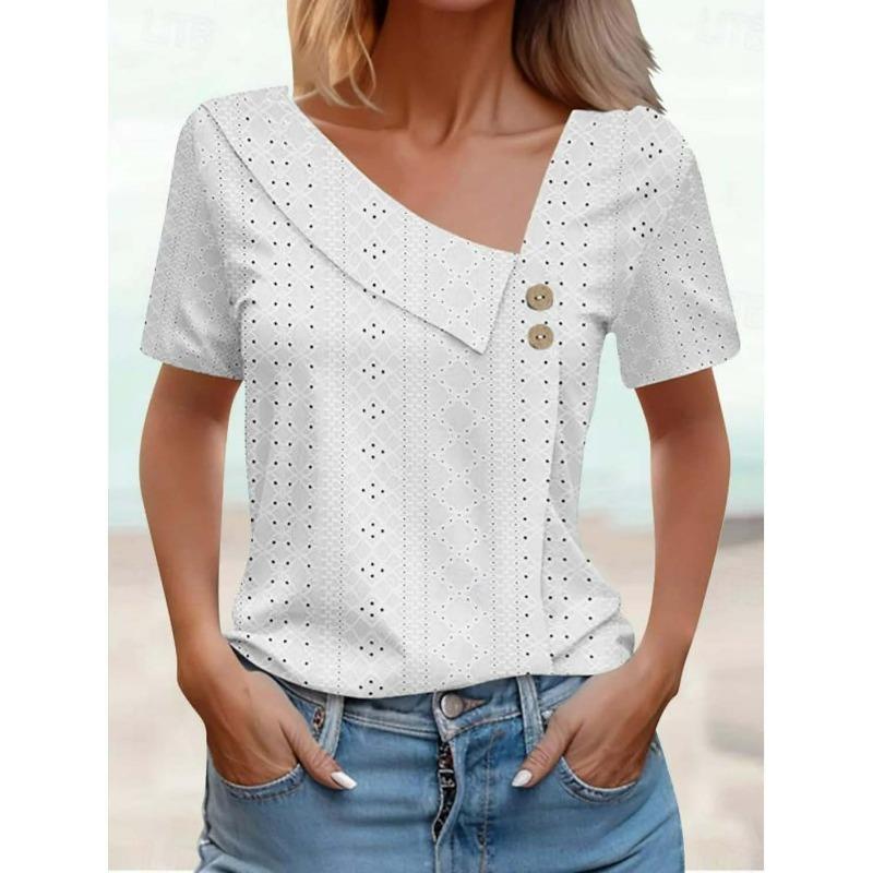 Womens Asymmetrical Neck Eyelet Short Sleeve Casual T Shirt S белый