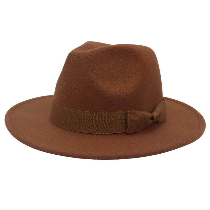 Europäischer und amerikanischer Stil Jazzhut Herbst und Winter Hut mit großem Schirm Mode Schleife Flacher Rand Zylinderhut Herren und Damen Wollfilzhut