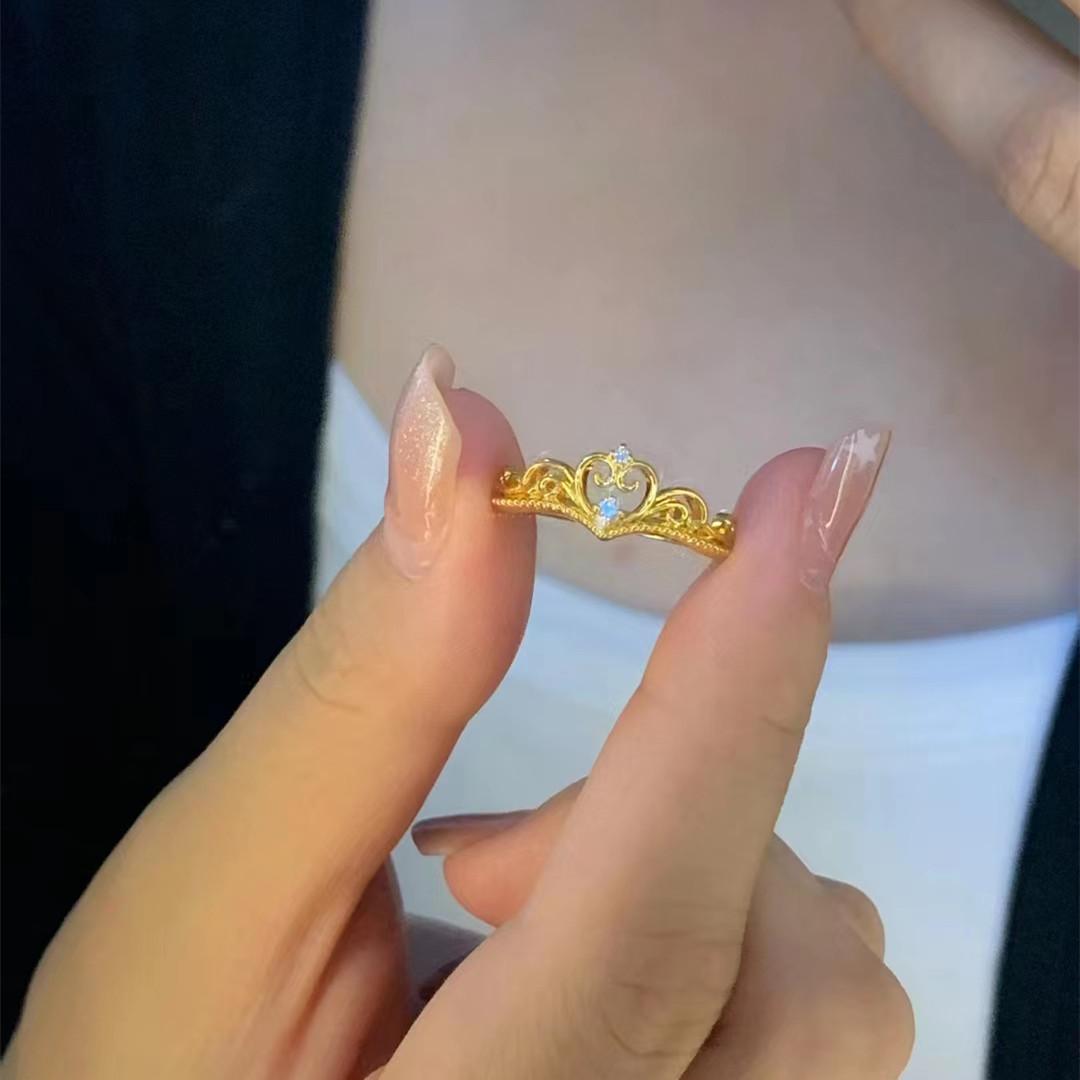 Shiny Rhinestone Hollow Out Love Heart Crown Princess Adjustable Gold Ring for Women Fashion Girl Open Finger Ring Cute Jewelry Gold-color белый