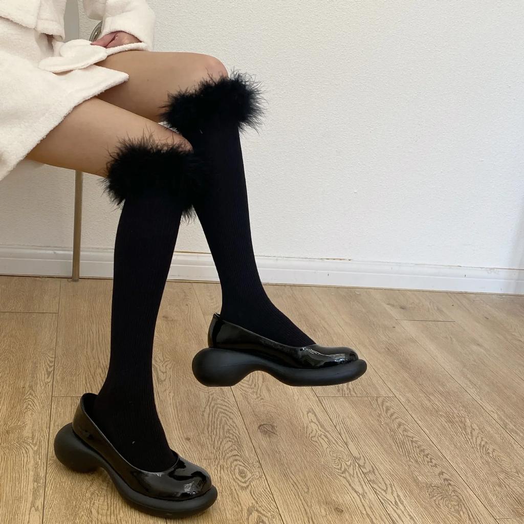 Feather Ruffle Socks Stockings Women JK Girls Solid Color Black White Long Socks Women Stockings Lolita Kawaii Cute Knee Socks