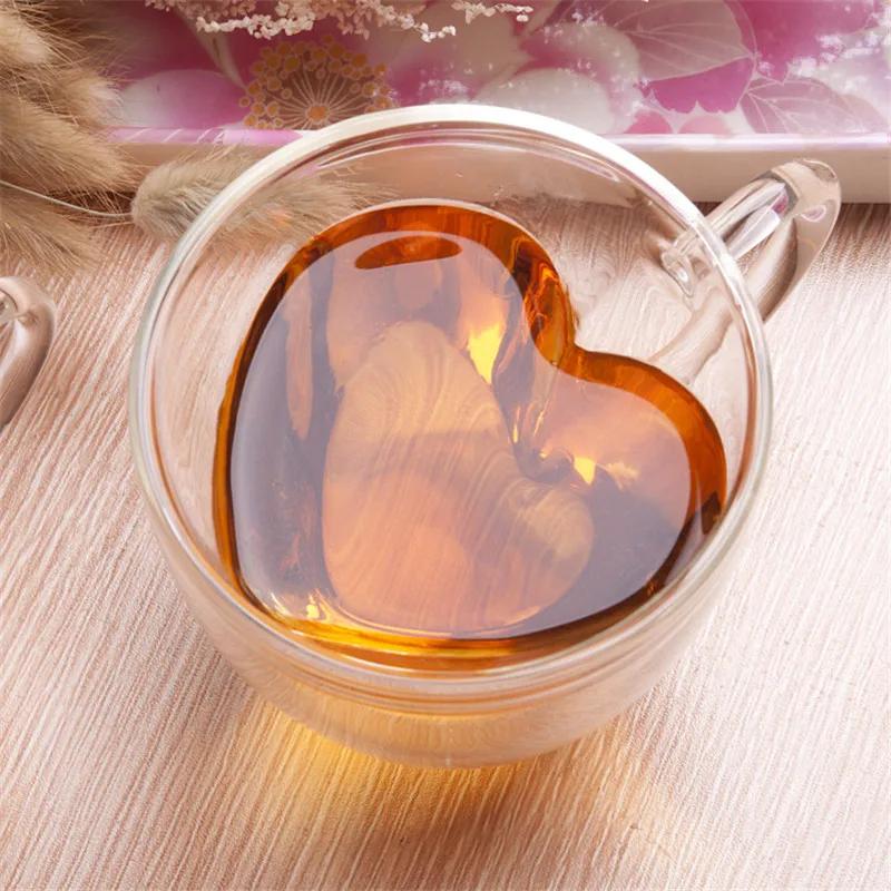 1/2pcs Heart Cup Couple Cup Double Layer Glass Insulated Clear Tea Cups with Handle for Coffee,Cappuccino, Latte, Milk Drinkware