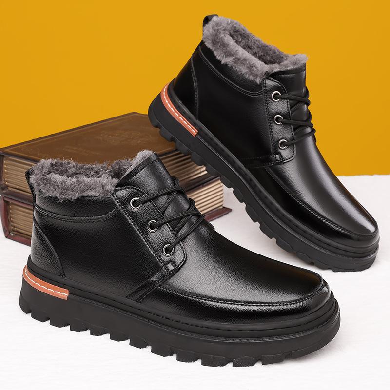 Fashion Retro Cow Leather Velvet Warm Snow Boots for Men Winter Soft-soled Men's Designer Cotton Shoes Fashion Platform Male Ankle Boots