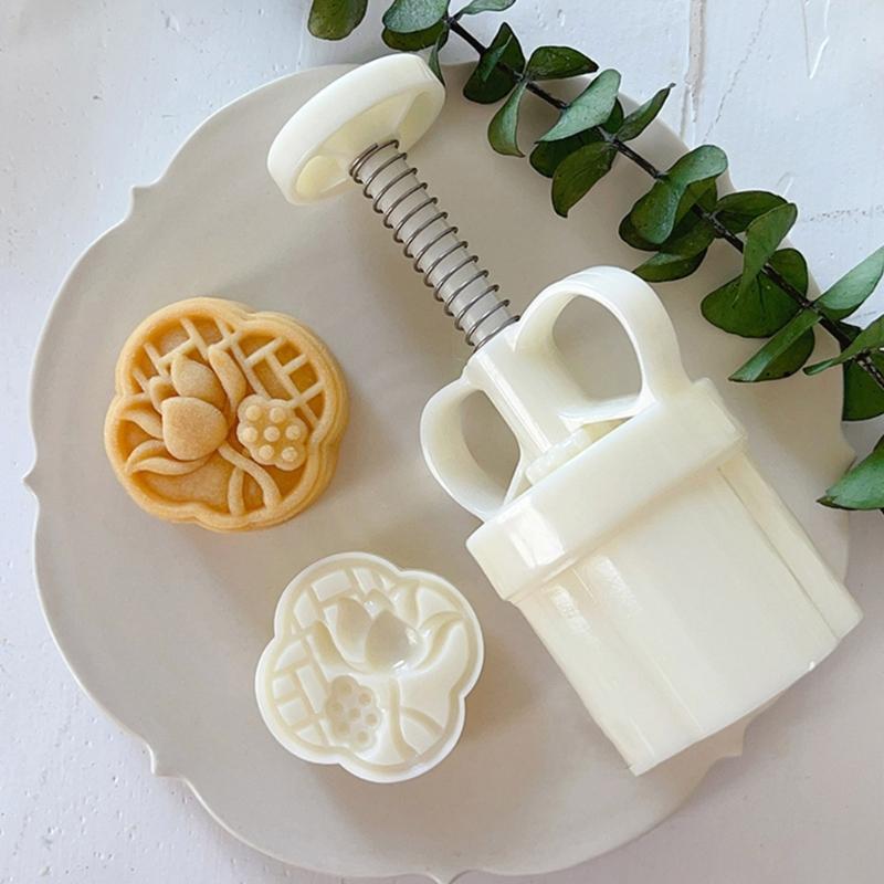Ergonomic Handle Stamp Set Durable Mooncake Molds Lotusflower Shaped ABS Material Perfect Gift for Pastry Enthusiasts