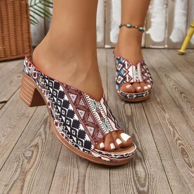 Women's Printed Peep Toe High Heel Sandals, Ethnic Style Beach Slides, Plus Size Summer Casual Shoes