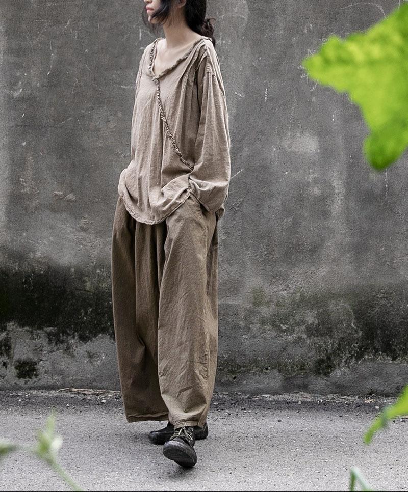 Johnature Women Cotton Vintage Wide Leg Pants Elastic Waist Loose Olive Grey Autumn Trouser Women Casual Soft Pants
