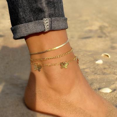 Stylish Multilayer Butterfly Pendant Anklet: Korean-Inspired Alloy Metal Jewelry for European & American Fashion