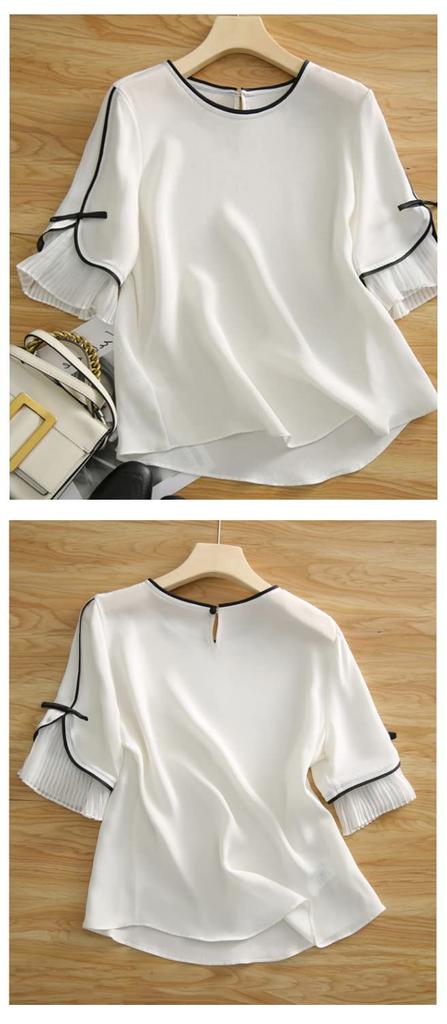 Blouse Summer Top Short Sleeve Crew Neck Pullover Chiffon Pleated Sleeves Loose Fit Stylish Feminine Clean [Seira] Women's T-Shirt